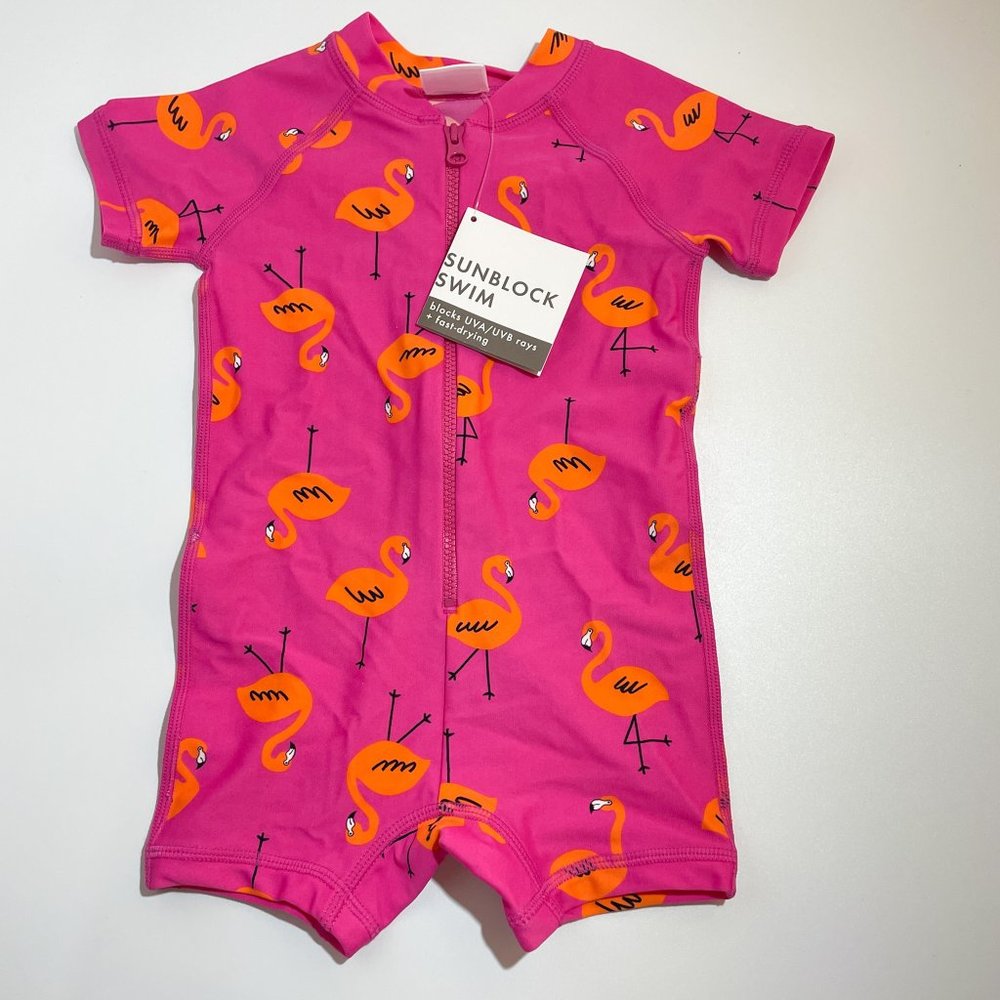 NWT Hanna Andersson Sunblock Rash Guard Suit - Pink Flamingos Sz 70 6-12 Months